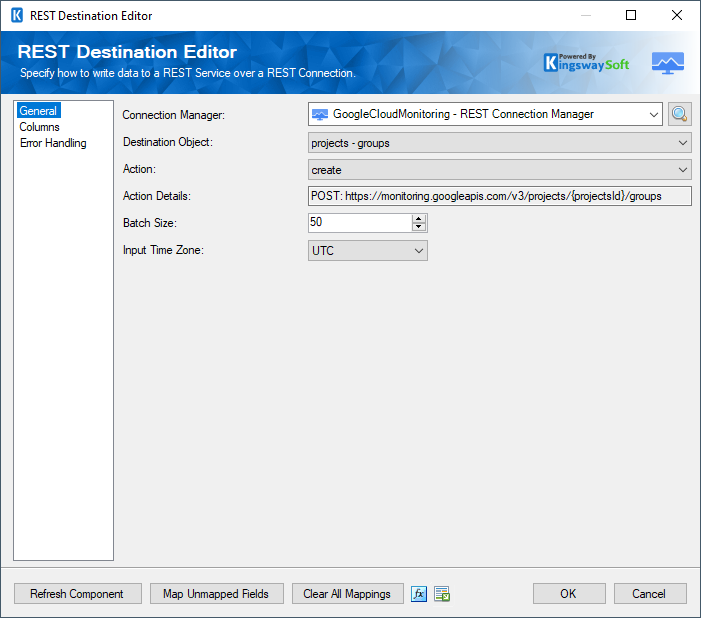 Google Cloud Monitoring Rest Destination Component - General